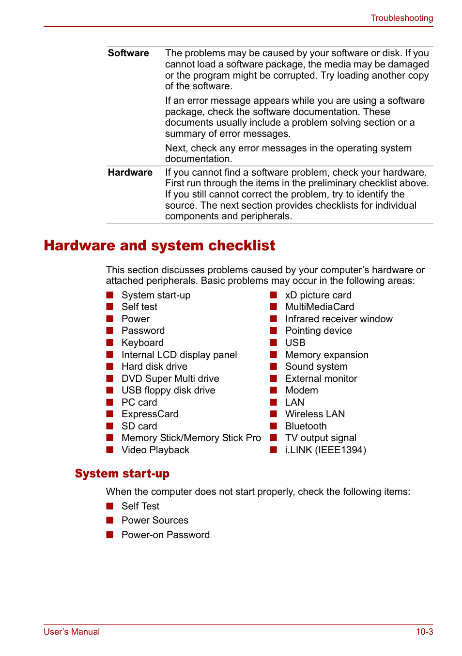 Hardware and system checklist, Hardware and system checklist -3, System start-up | Toshiba Qosmio G20 (PQG21) User Manual | Page 173 / 242