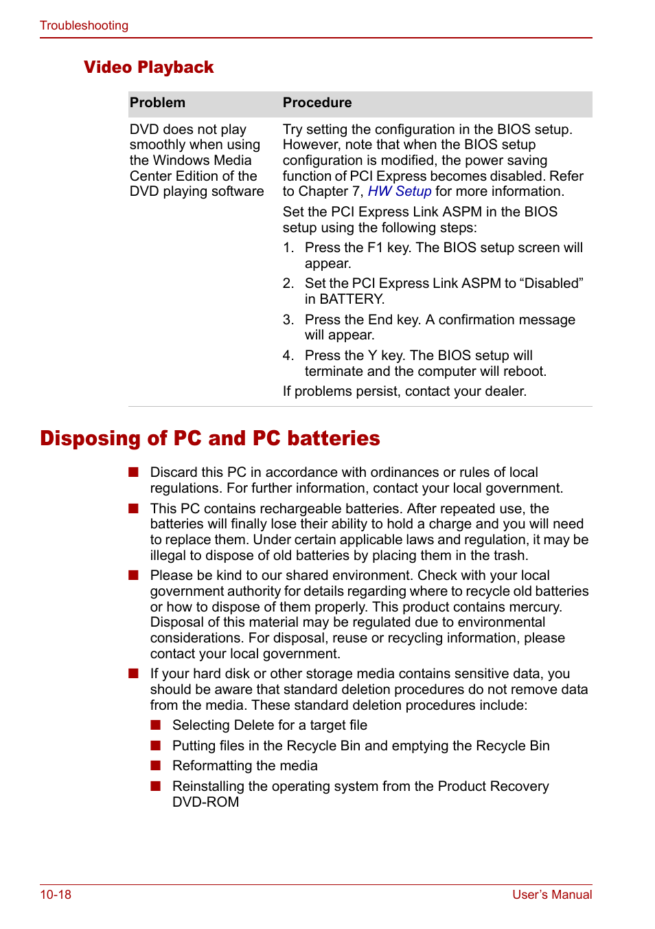 Disposing of pc and pc batteries, Disposing of pc and pc batteries -18, Video playback | Toshiba Qosmio G20 (PQG21) User Manual | Page 188 / 242