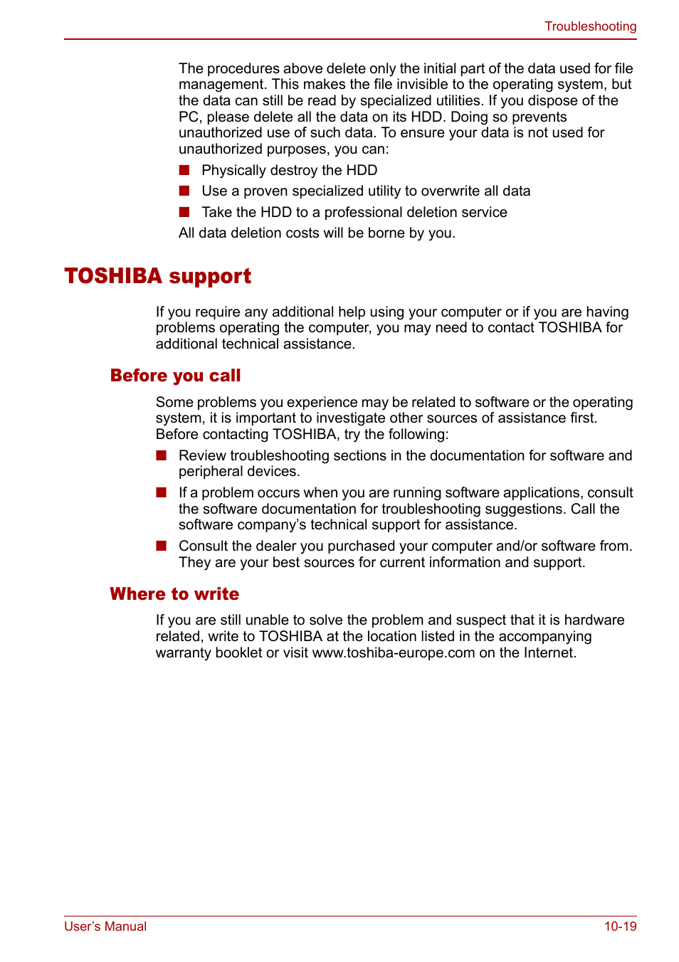 Toshiba support, Toshiba support -19, Before you call | Where to write | Toshiba Qosmio G20 (PQG21) User Manual | Page 189 / 242