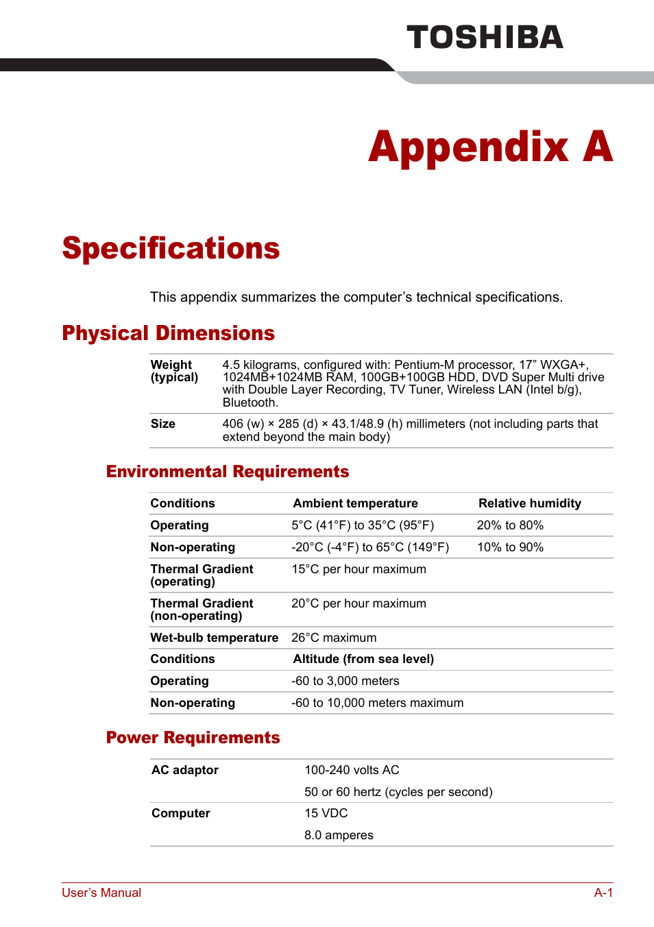 Appendix a - specifications, Physical dimensions, Appendix a | Specifications, Pendixes, Environmental requirements power requirements | Toshiba Qosmio G20 (PQG21) User Manual | Page 191 / 242