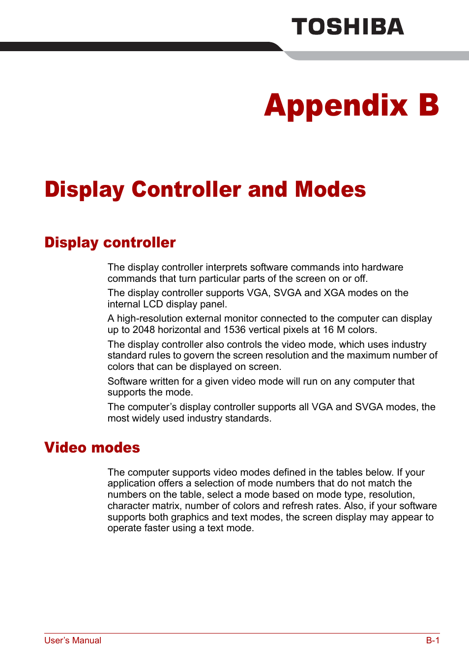 Appendix b - display controller and modes, Display controller, Video modes | Appendix b, Display controller and modes, Dix b, Display, Controller and modes | Toshiba Qosmio G20 (PQG21) User Manual | Page 193 / 242