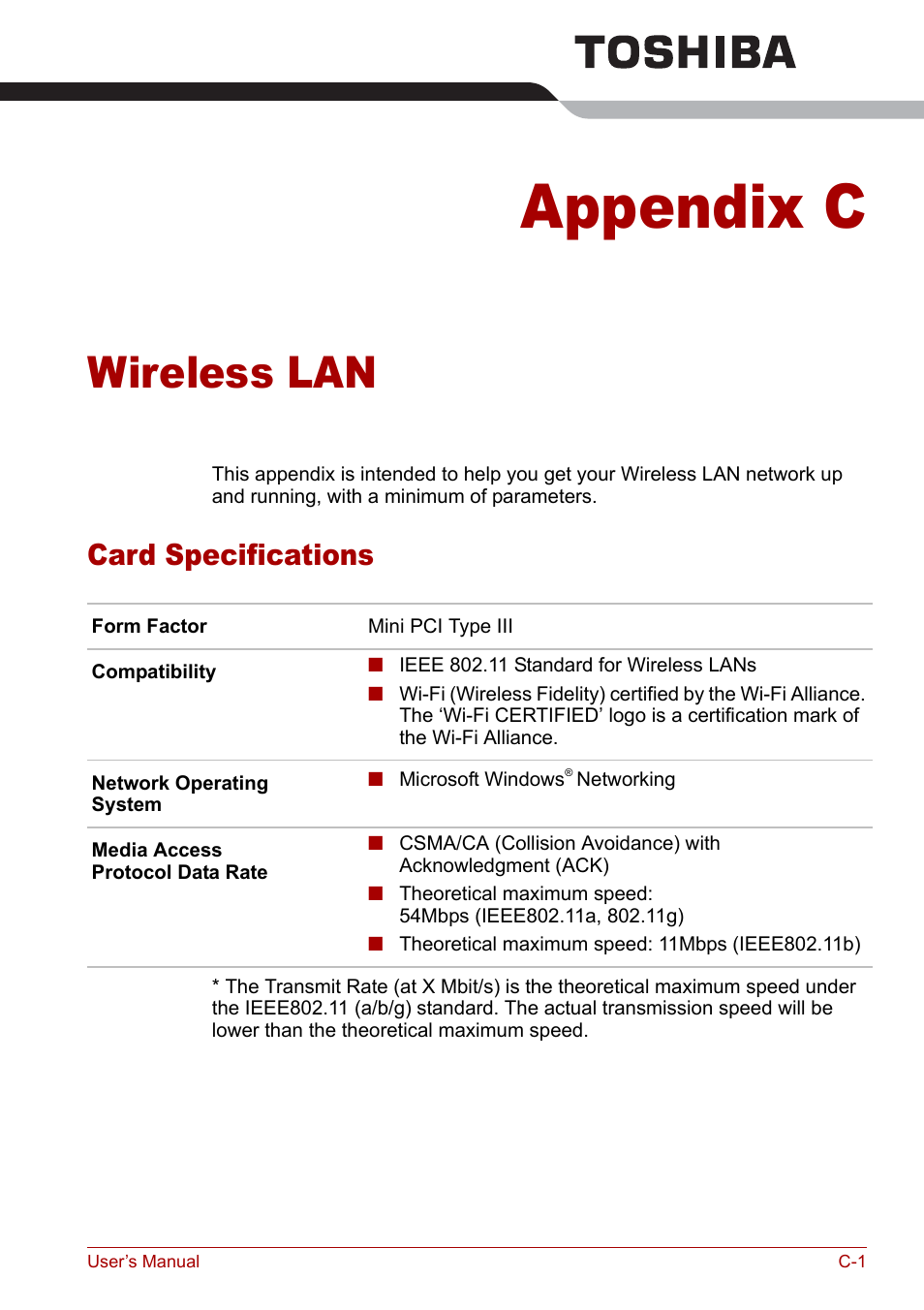 Appendix c - wireless lan, Card specifications, Appendix c | Wireless lan | Toshiba Qosmio G20 (PQG21) User Manual | Page 201 / 242