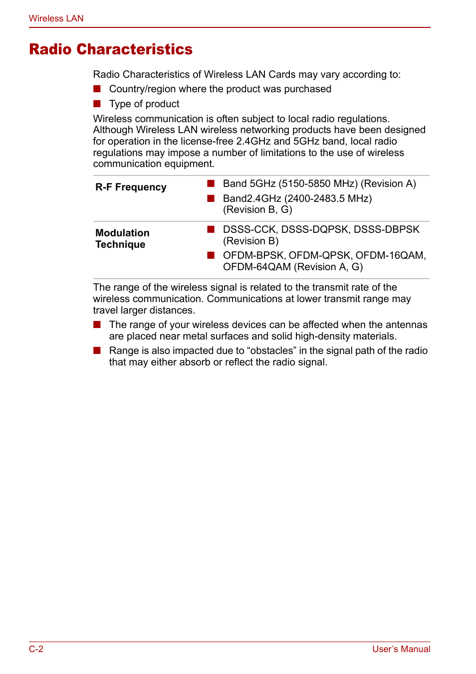 Radio characteristics | Toshiba Qosmio G20 (PQG21) User Manual | Page 202 / 242