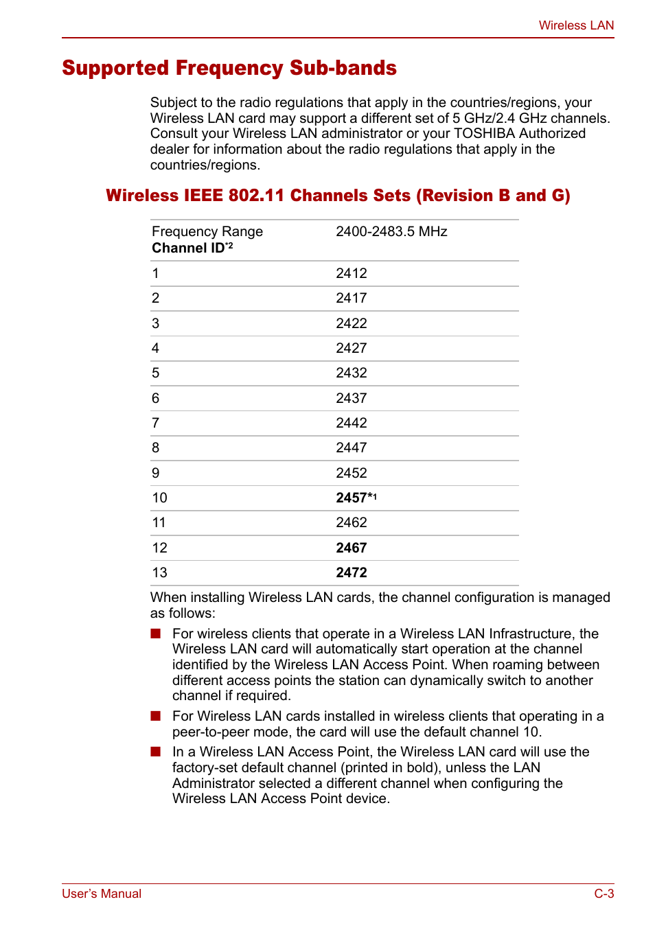 Supported frequency sub-bands | Toshiba Qosmio G20 (PQG21) User Manual | Page 203 / 242