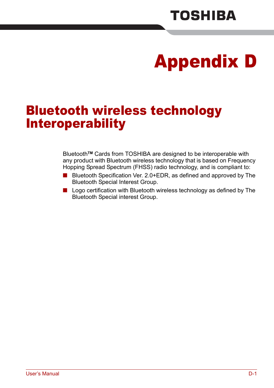 Appendix d, Bluetooth wireless technology interoperability | Toshiba Qosmio G20 (PQG21) User Manual | Page 205 / 242