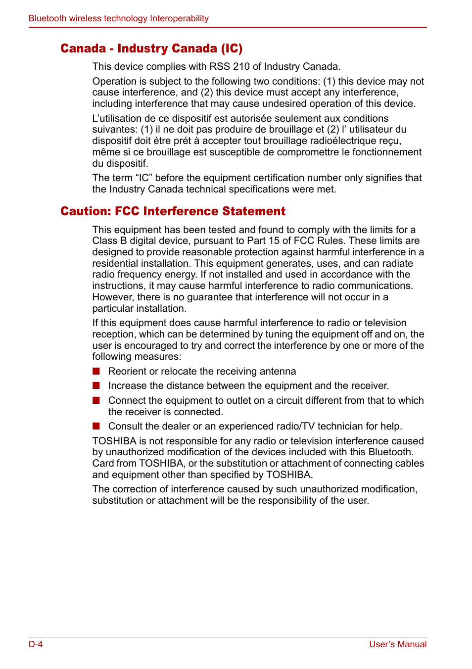 Canada - industry canada (ic), Caution: fcc interference statement | Toshiba Qosmio G20 (PQG21) User Manual | Page 208 / 242