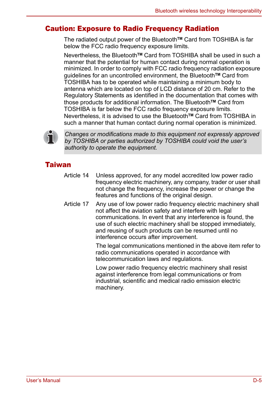 Caution: exposure to radio frequency radiation, Taiwan | Toshiba Qosmio G20 (PQG21) User Manual | Page 209 / 242