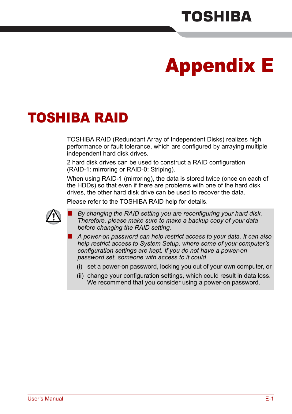 Appendix e - toshiba raid, Appendix e, Toshiba raid | Toshiba Qosmio G20 (PQG21) User Manual | Page 211 / 242