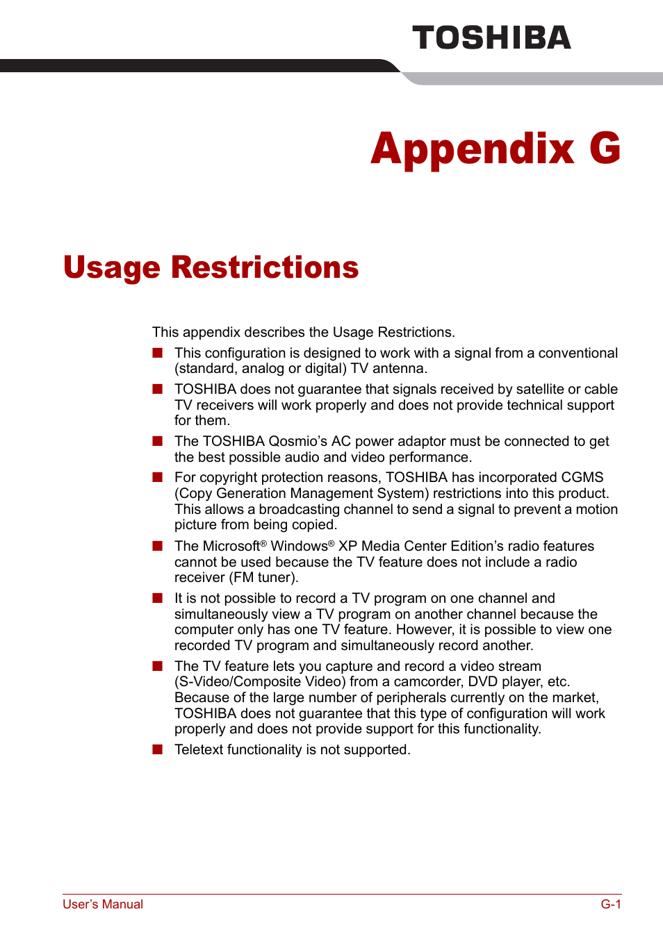 Appendix g - usage restrictions, Appendix g, Usage restrictions | Toshiba Qosmio G20 (PQG21) User Manual | Page 219 / 242