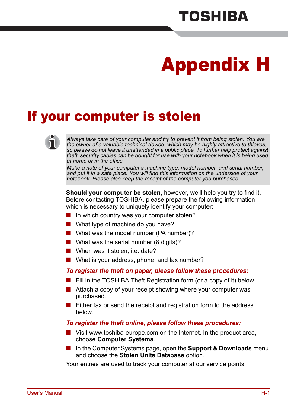 Appendix h - if your computer is stolen, Appendix h, If your computer is stolen | Toshiba Qosmio G20 (PQG21) User Manual | Page 221 / 242