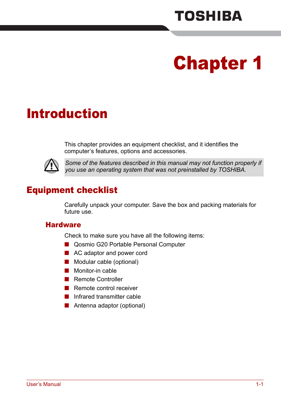 Chapter 1 - introduction, Equipment checklist, Chapter 1 | Introduction, Equipment checklist -1, Is an overvie | Toshiba Qosmio G20 (PQG21) User Manual | Page 23 / 242