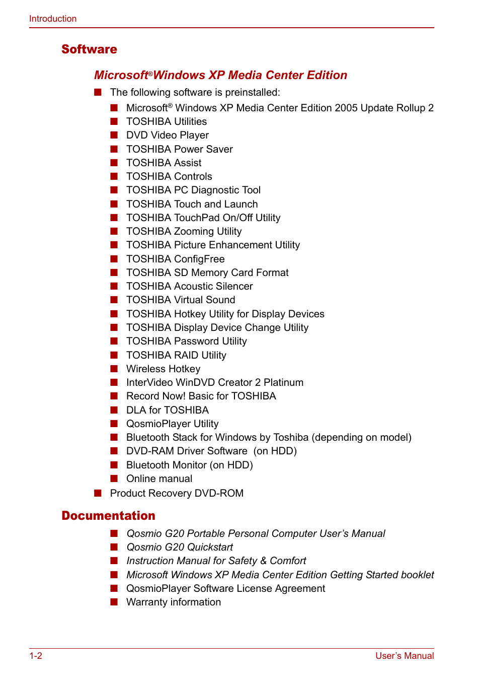 Software, Documentation | Toshiba Qosmio G20 (PQG21) User Manual | Page 24 / 242