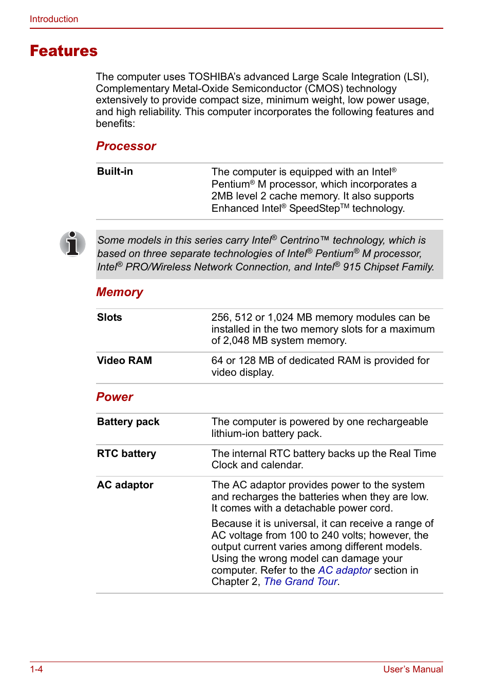 Features, Features -4 | Toshiba Qosmio G20 (PQG21) User Manual | Page 26 / 242