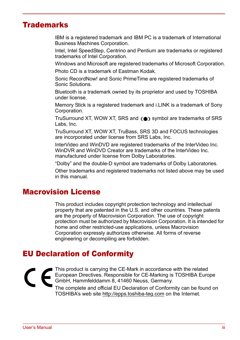 Trademarks, Macrovision license, Eu declaration of conformity | Toshiba Qosmio G20 (PQG21) User Manual | Page 3 / 242