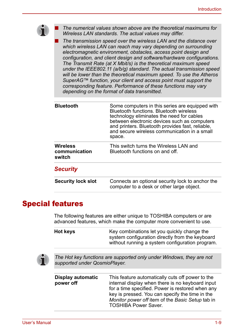 Special features, Special features -9 | Toshiba Qosmio G20 (PQG21) User Manual | Page 31 / 242