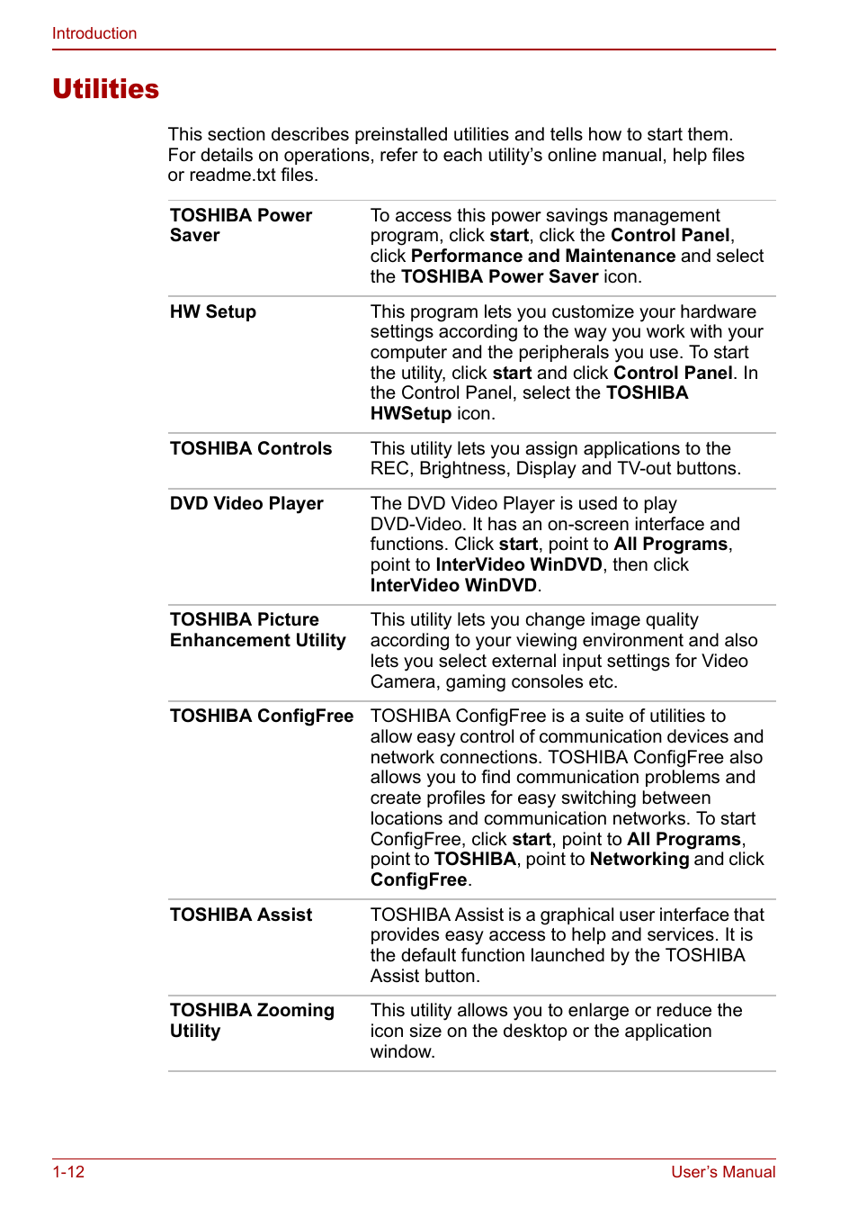 Utilities, Utilities -12 | Toshiba Qosmio G20 (PQG21) User Manual | Page 34 / 242