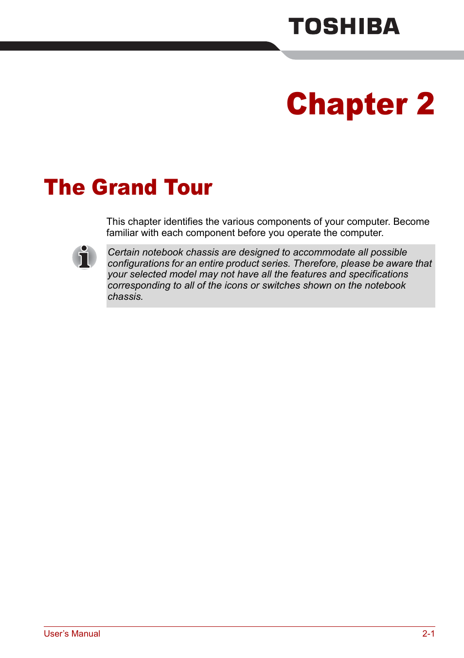 Chapter 2 - the grand tour, Chapter 2, The grand tour | Toshiba Qosmio G20 (PQG21) User Manual | Page 39 / 242