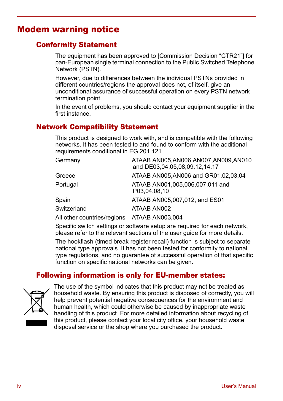 Modem warning notice, Conformity statement, Network compatibility statement | Following information is only for eu-member states | Toshiba Qosmio G20 (PQG21) User Manual | Page 4 / 242