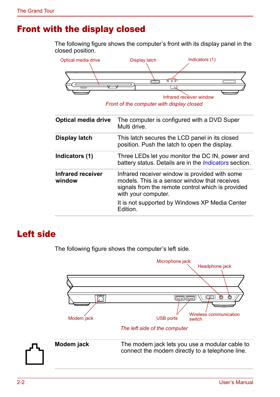 Front with the display closed, Left side, Front with the display closed -2 left side -2 | Toshiba Qosmio G20 (PQG21) User Manual | Page 40 / 242