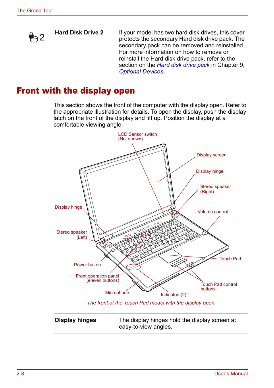 Front with the display open, Front with the display open -8 | Toshiba Qosmio G20 (PQG21) User Manual | Page 46 / 242