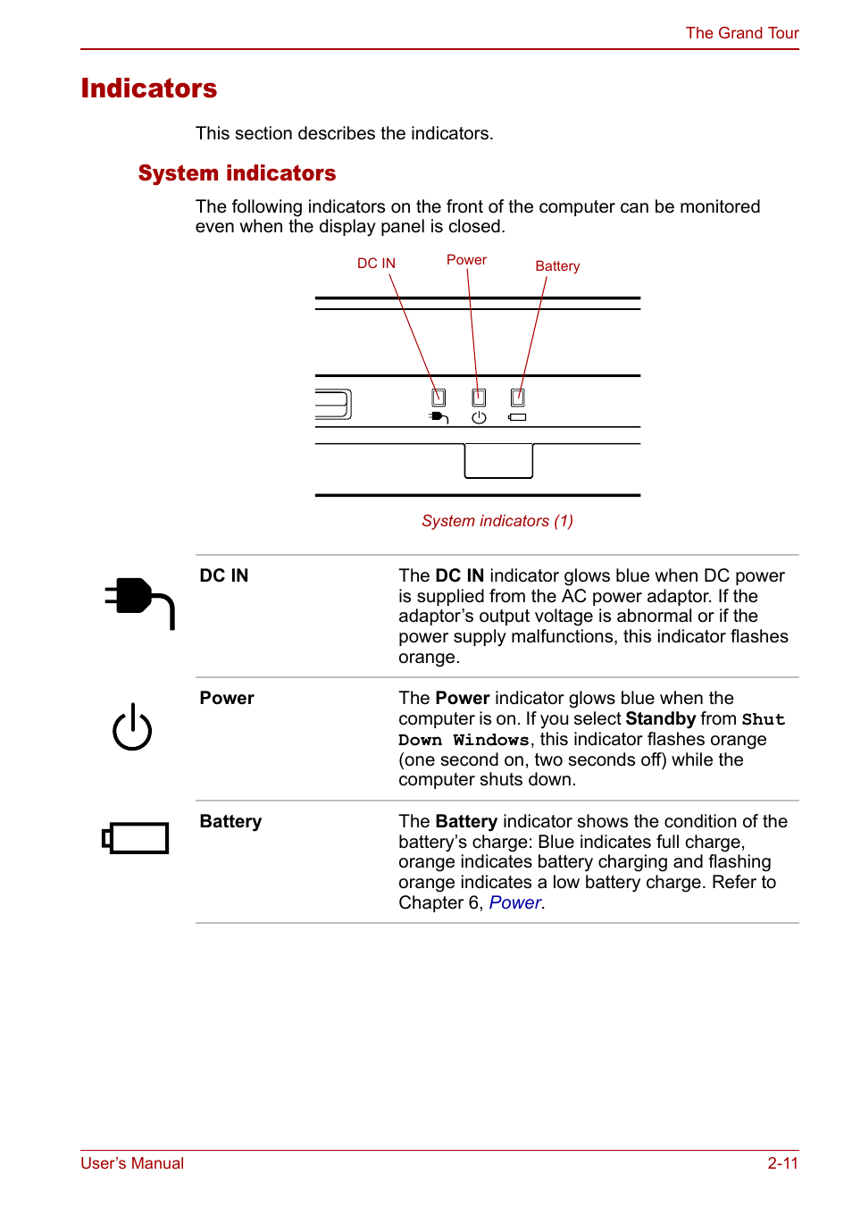 Indicators, Indicators -11, System indicators | Toshiba Qosmio G20 (PQG21) User Manual | Page 49 / 242