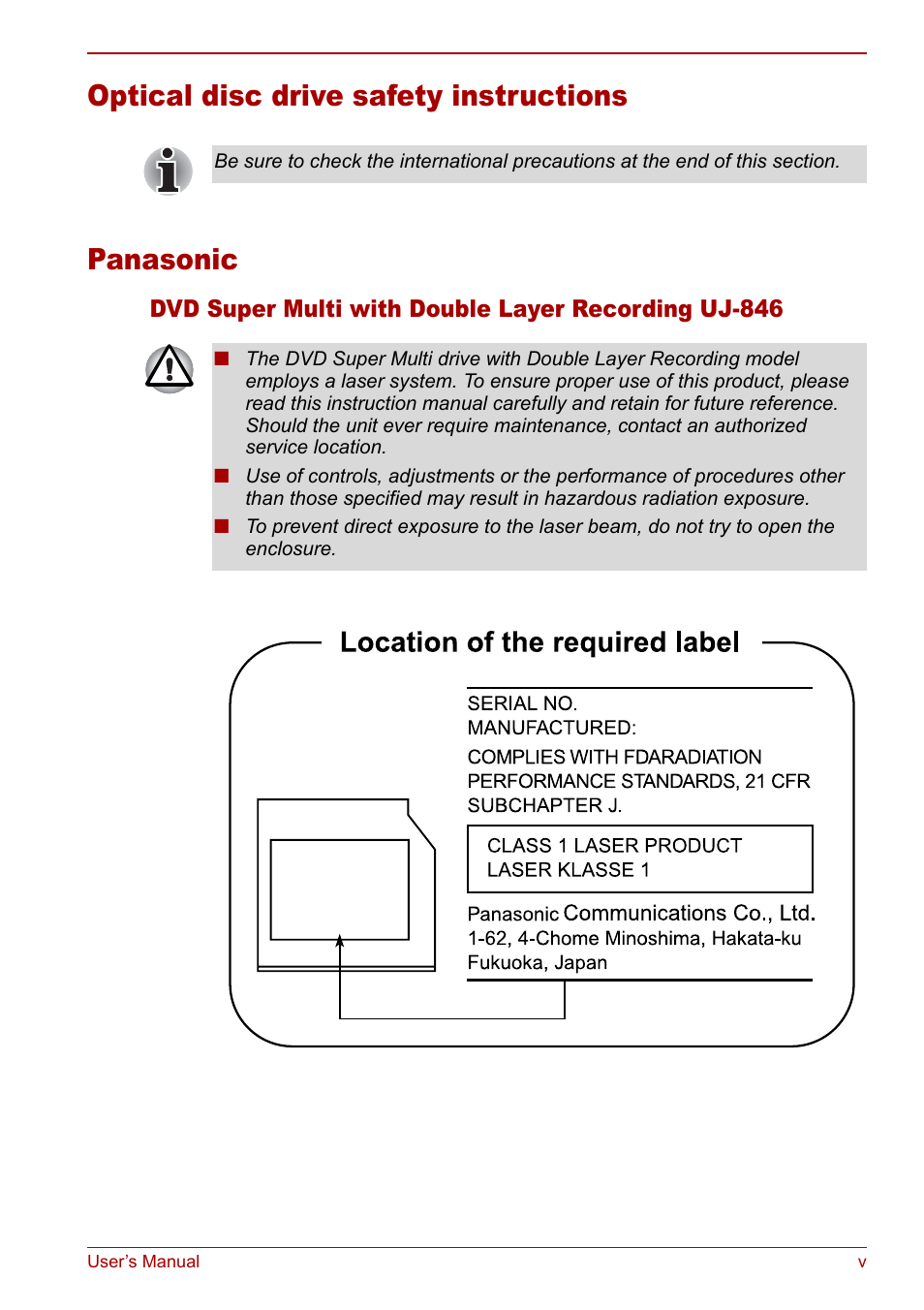 Optical disc drive safety instructions panasonic | Toshiba Qosmio G20 (PQG21) User Manual | Page 5 / 242