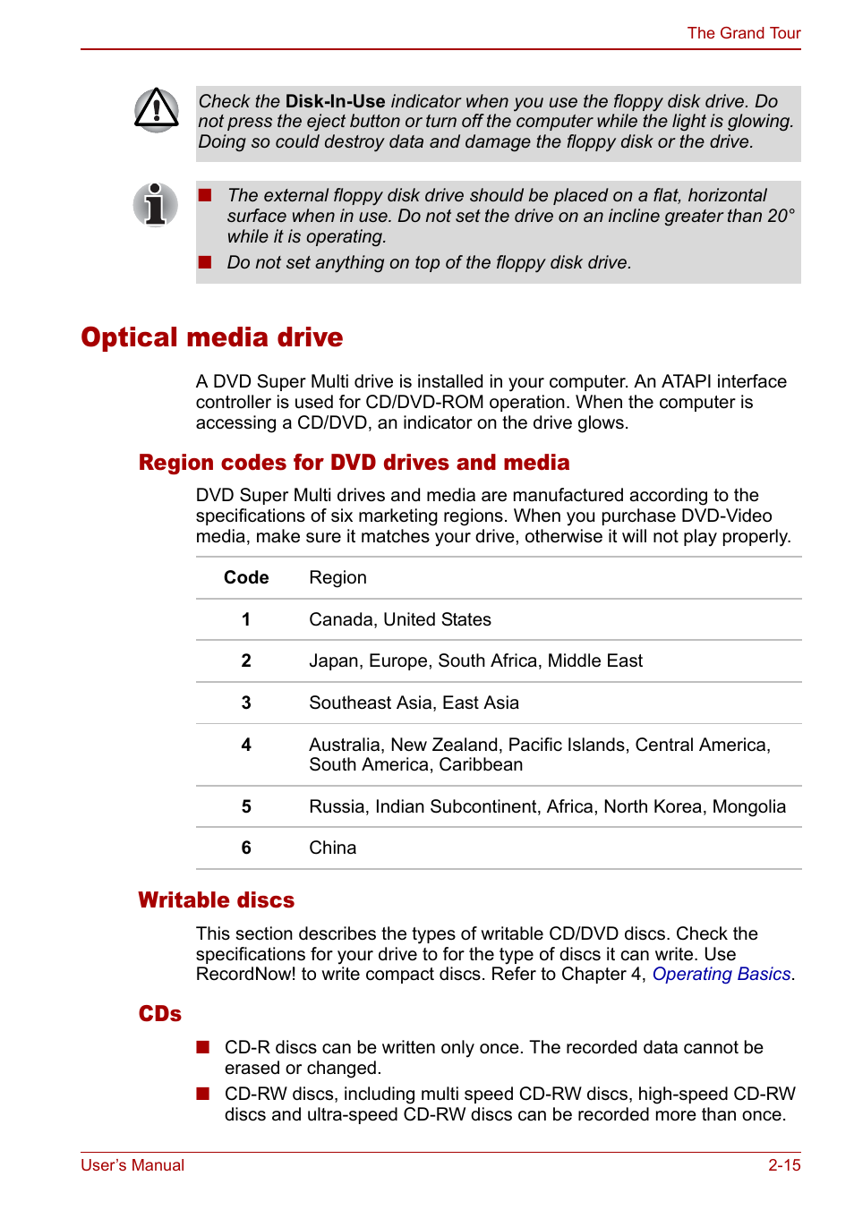 Optical media drive, Optical media drive -15, Region codes for dvd drives and media | Writable discs | Toshiba Qosmio G20 (PQG21) User Manual | Page 53 / 242