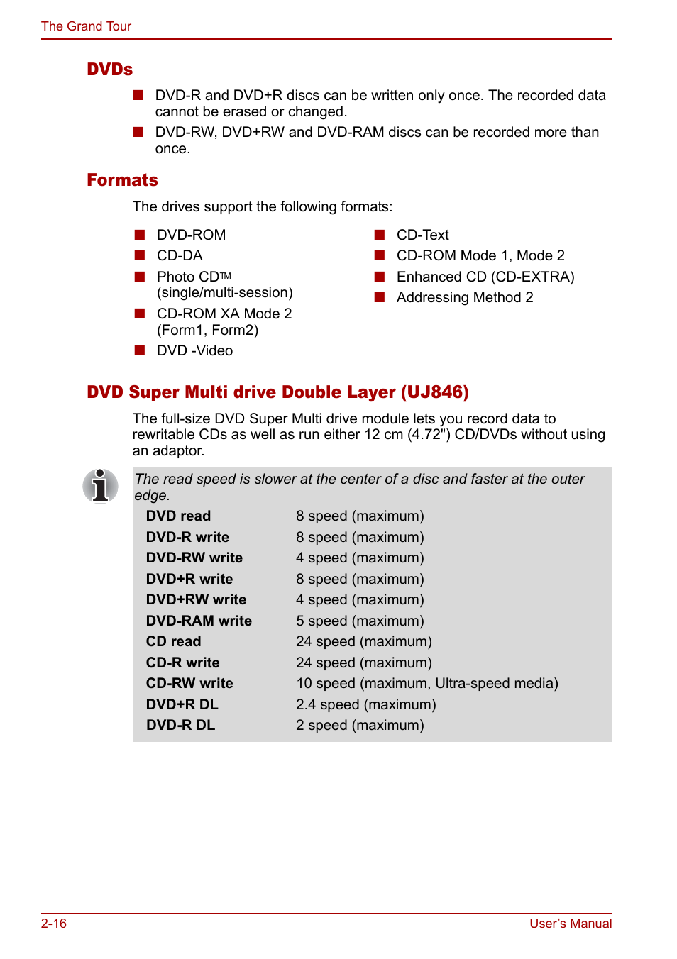 Dvds, Formats, Dvd super multi drive double layer (uj846) | Toshiba Qosmio G20 (PQG21) User Manual | Page 54 / 242