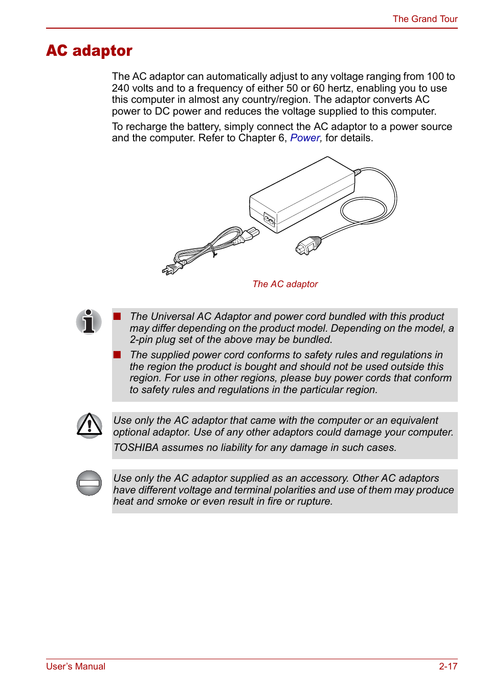 Ac adaptor, Ac adaptor -17 | Toshiba Qosmio G20 (PQG21) User Manual | Page 55 / 242