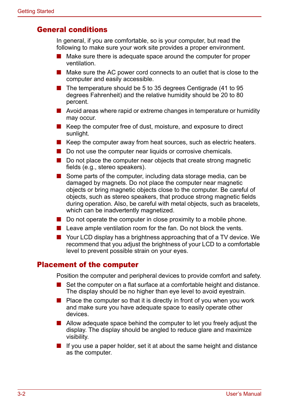 General conditions, Placement of the computer | Toshiba Qosmio G20 (PQG21) User Manual | Page 58 / 242