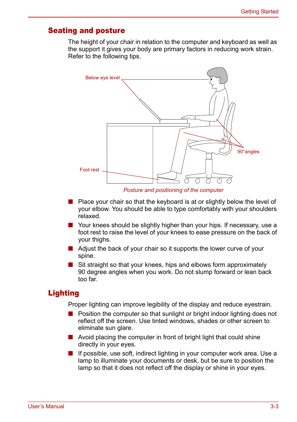 Seating and posture, Lighting | Toshiba Qosmio G20 (PQG21) User Manual | Page 59 / 242