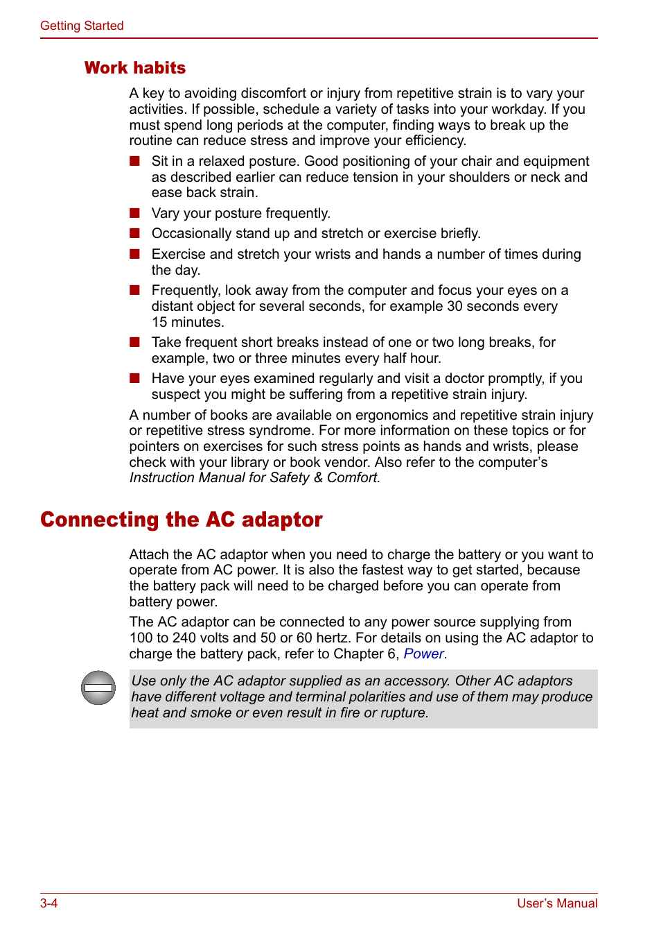 Connecting the ac adaptor, Connecting the ac adaptor -4, Work habits | Toshiba Qosmio G20 (PQG21) User Manual | Page 60 / 242