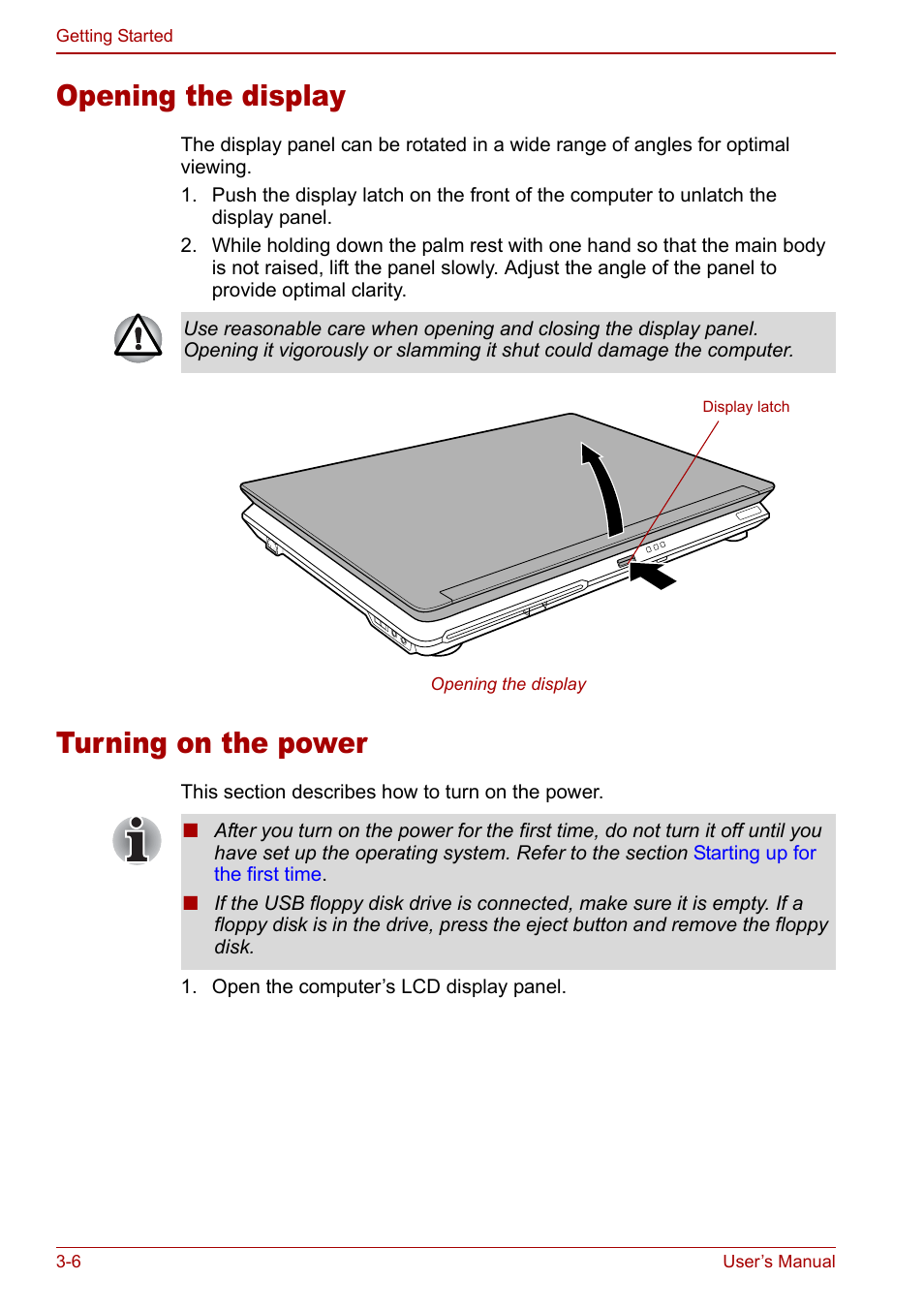 Opening the display, Turning on the power, Opening the display -6 turning on the power -6 | Toshiba Qosmio G20 (PQG21) User Manual | Page 62 / 242