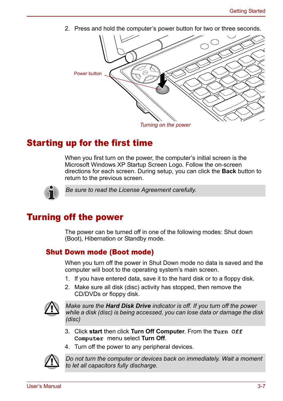 Starting up for the first time, Turning off the power, Shut down mode (boot mode) | Toshiba Qosmio G20 (PQG21) User Manual | Page 63 / 242