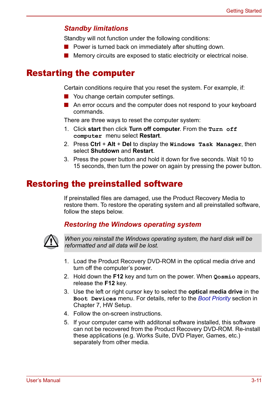 Restarting the computer, Restoring the preinstalled software | Toshiba Qosmio G20 (PQG21) User Manual | Page 67 / 242