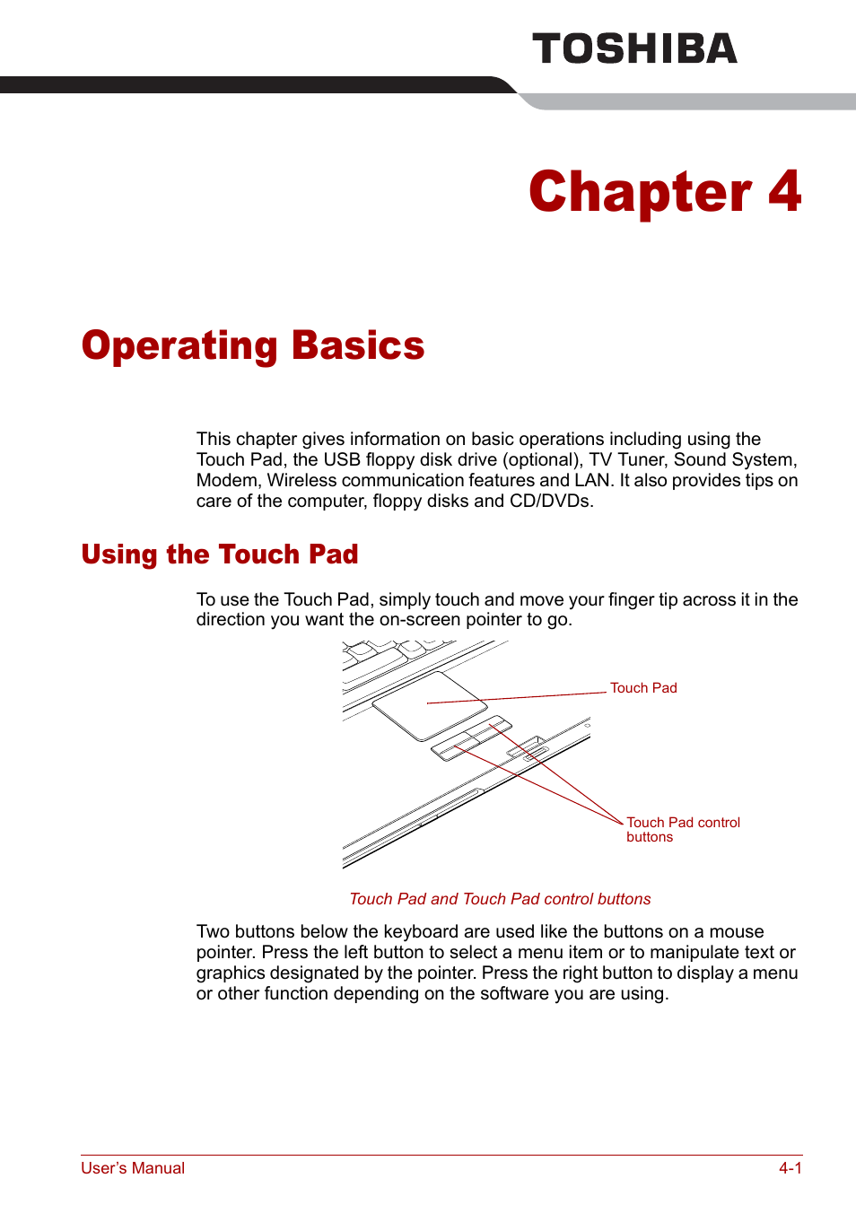 Chapter 4 - operating basics, Using the touch pad, Chapter 4 | Operating basics, Using the touch pad -1, Using, The touch pad, Operating, Basics | Toshiba Qosmio G20 (PQG21) User Manual | Page 69 / 242