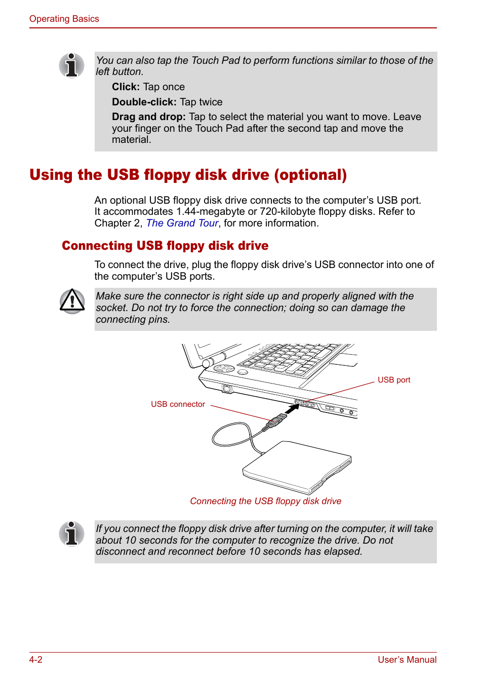 Using the usb floppy disk drive (optional), Using the usb floppy disk drive (optional) -2, Connecting usb floppy disk drive | Toshiba Qosmio G20 (PQG21) User Manual | Page 70 / 242