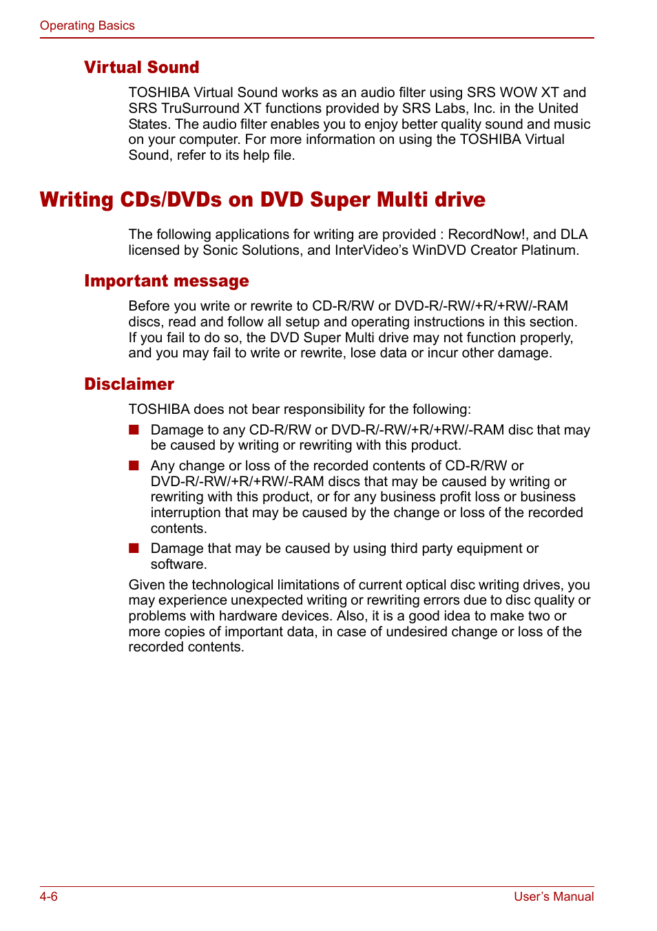 Writing cds/dvds on dvd super multi drive, Writing cds/dvds on dvd super multi drive -6, Virtual sound | Important message, Disclaimer | Toshiba Qosmio G20 (PQG21) User Manual | Page 74 / 242