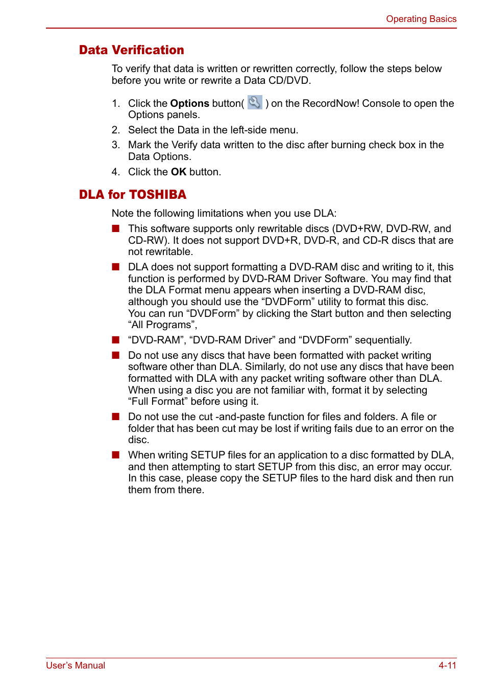 Data verification, Dla for toshiba | Toshiba Qosmio G20 (PQG21) User Manual | Page 79 / 242