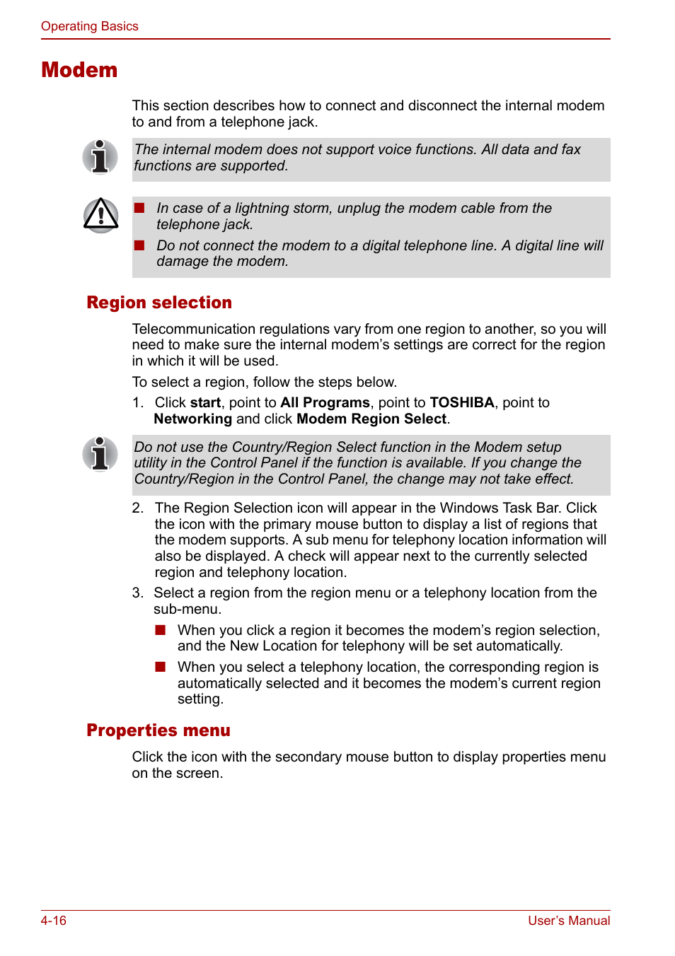 Modem, Modem -16, Region selection | Properties menu | Toshiba Qosmio G20 (PQG21) User Manual | Page 84 / 242