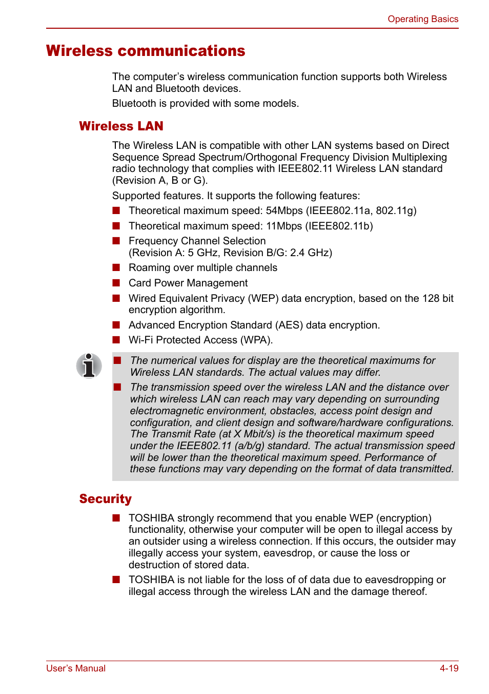 Wireless communications, Wireless communications -19, Wireless lan | Security | Toshiba Qosmio G20 (PQG21) User Manual | Page 87 / 242