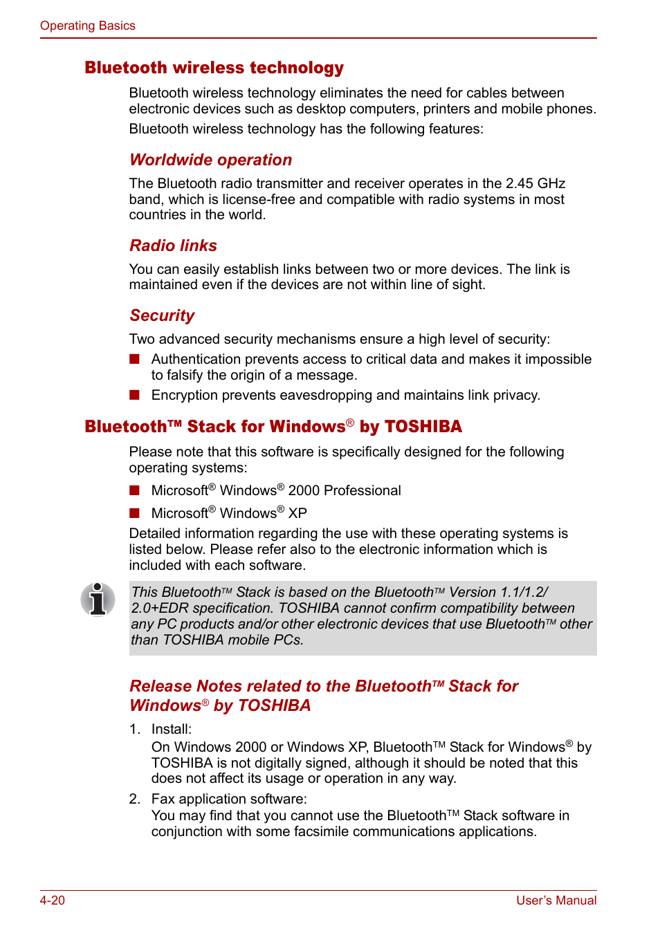 Bluetooth wireless technology, Bluetooth™ stack for windows, By toshiba | Worldwide operation, Radio links, Security, Stack for windows | Toshiba Qosmio G20 (PQG21) User Manual | Page 88 / 242