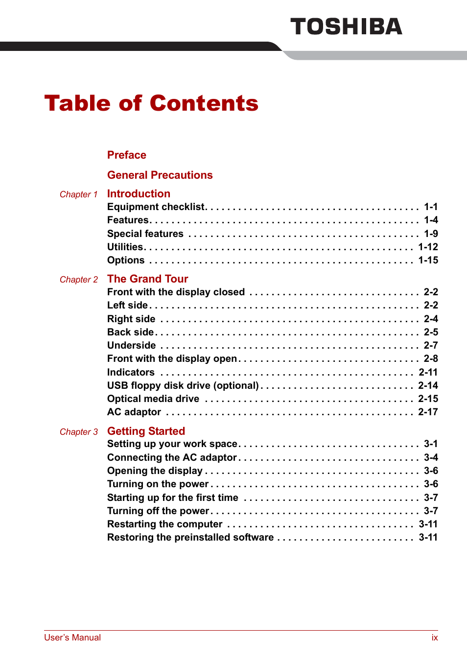 Toshiba Qosmio G20 (PQG21) User Manual | Page 9 / 242