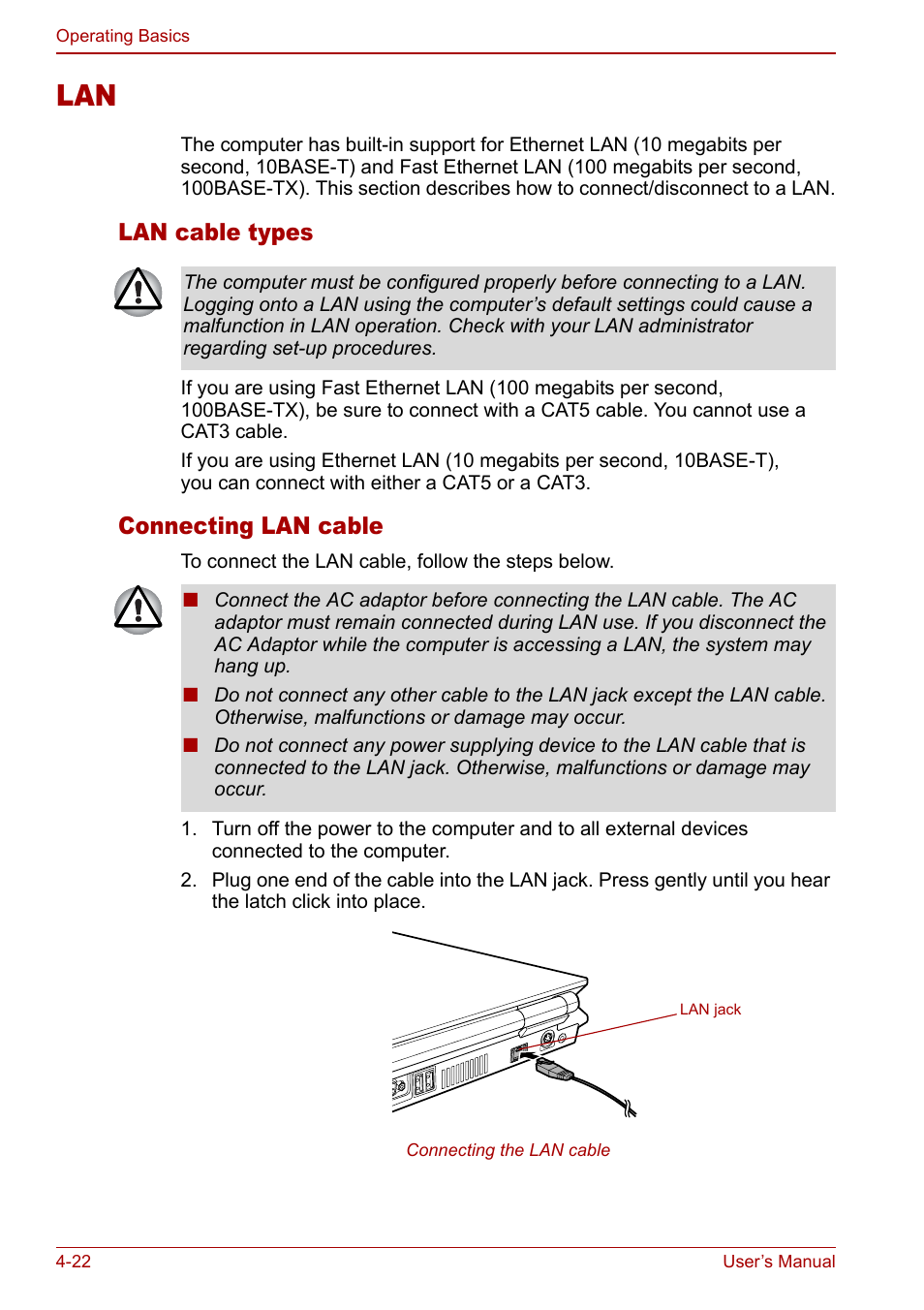 Lan -22, Lan cable types, Connecting lan cable | Toshiba Qosmio G20 (PQG21) User Manual | Page 90 / 242