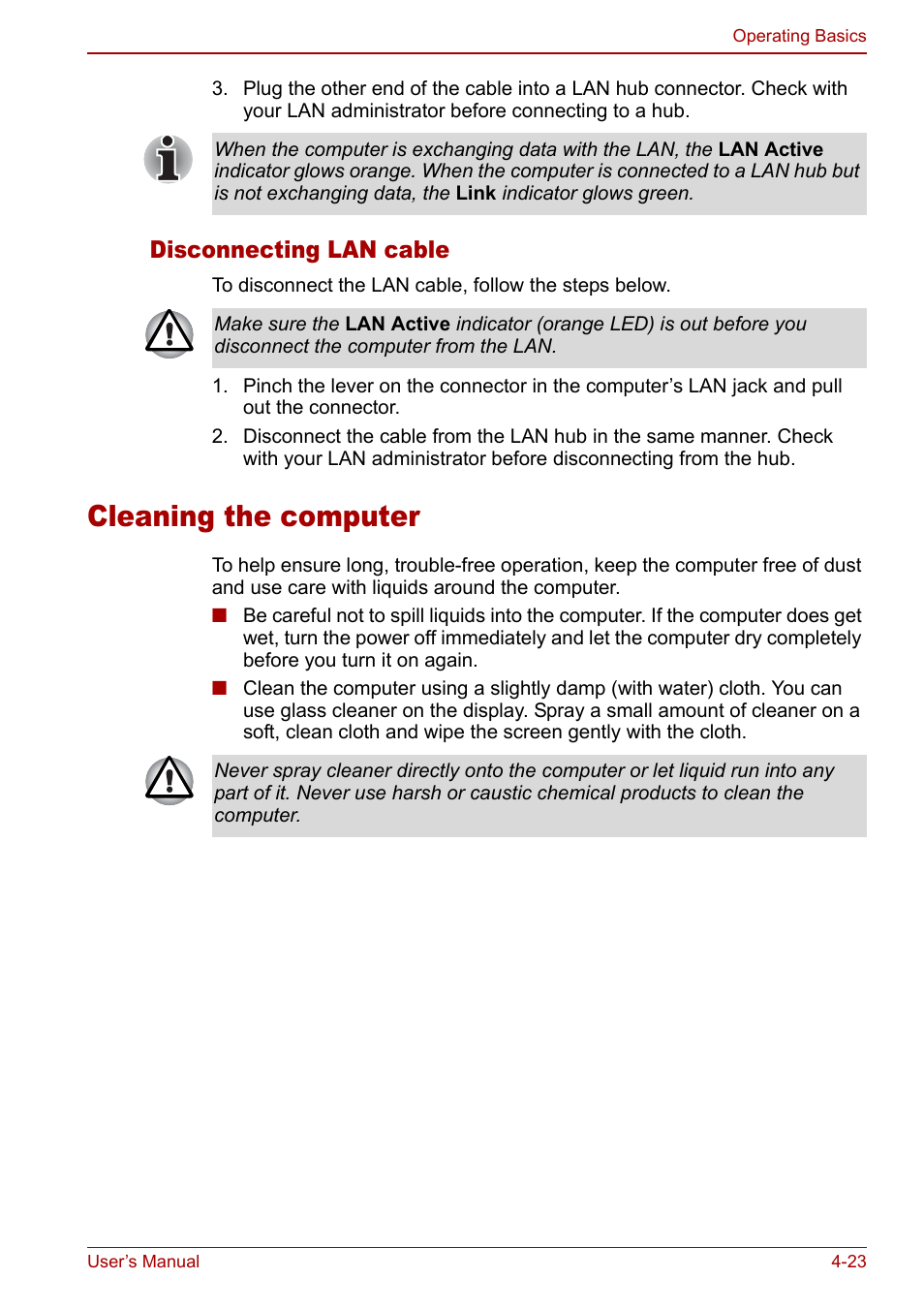 Cleaning the computer, Cleaning the computer -23, Disconnecting lan cable | Toshiba Qosmio G20 (PQG21) User Manual | Page 91 / 242