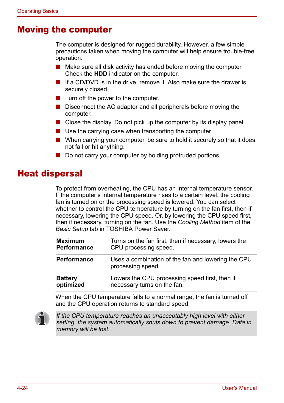 Moving the computer, Heat dispersal, Moving the computer -24 heat dispersal -24 | Toshiba Qosmio G20 (PQG21) User Manual | Page 92 / 242