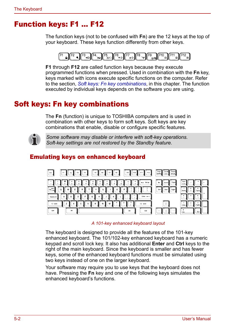 Function keys: f1 … f12, Soft keys: fn key combinations | Toshiba Qosmio G20 (PQG21) User Manual | Page 94 / 242