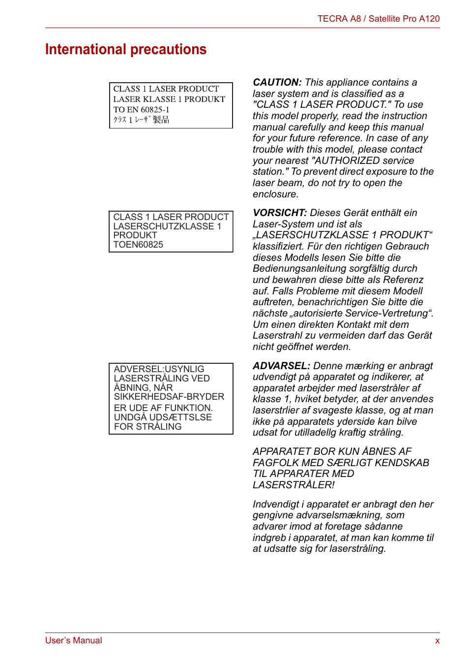 International precautions | Toshiba Satellite Pro A120 (PSAC1) User Manual | Page 10 / 205