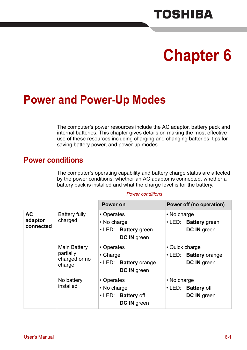 Chapter 6: power and power-up modes, Power conditions, Power and power-up modes | Chapter 6, Power conditions -1, Apter 6, Power and power-up, Modes | Toshiba Satellite Pro A120 (PSAC1) User Manual | Page 102 / 205