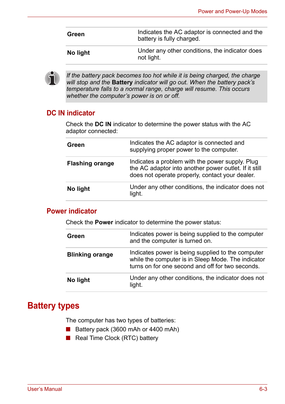 Battery types, Battery types -3, Dc in indicator | Power indicator | Toshiba Satellite Pro A120 (PSAC1) User Manual | Page 104 / 205